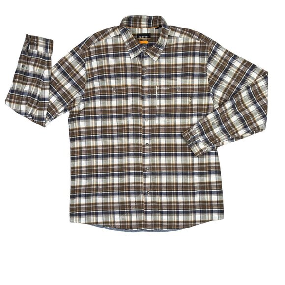 Orvis Flannel Shirt Mens Large Brown Beige Plaid Active Fit Mountain Tech L - Picture 1 of 11